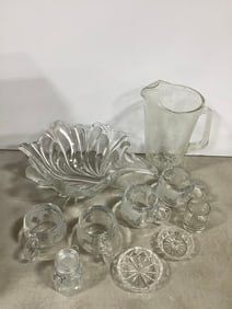 Large glass bowl, glass pitcher(10in.tall), glass mugs, and more