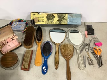 Vintage hand mirror, Remington Duchess razor, Chadwick brush, and more