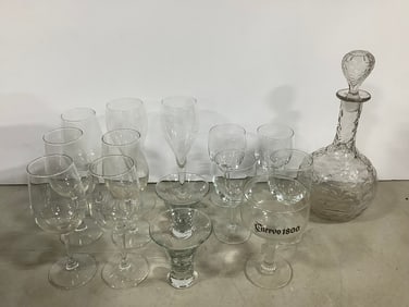 Various drinking glasses and glass decanter(11in.takkest)