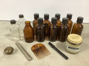 Propert's shoe cream, vintage medicine bottle/other glass bottles, and more