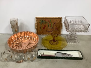 Wooden Florida decorative tray, amber glass serving plate, copper plated mold, and more(talles