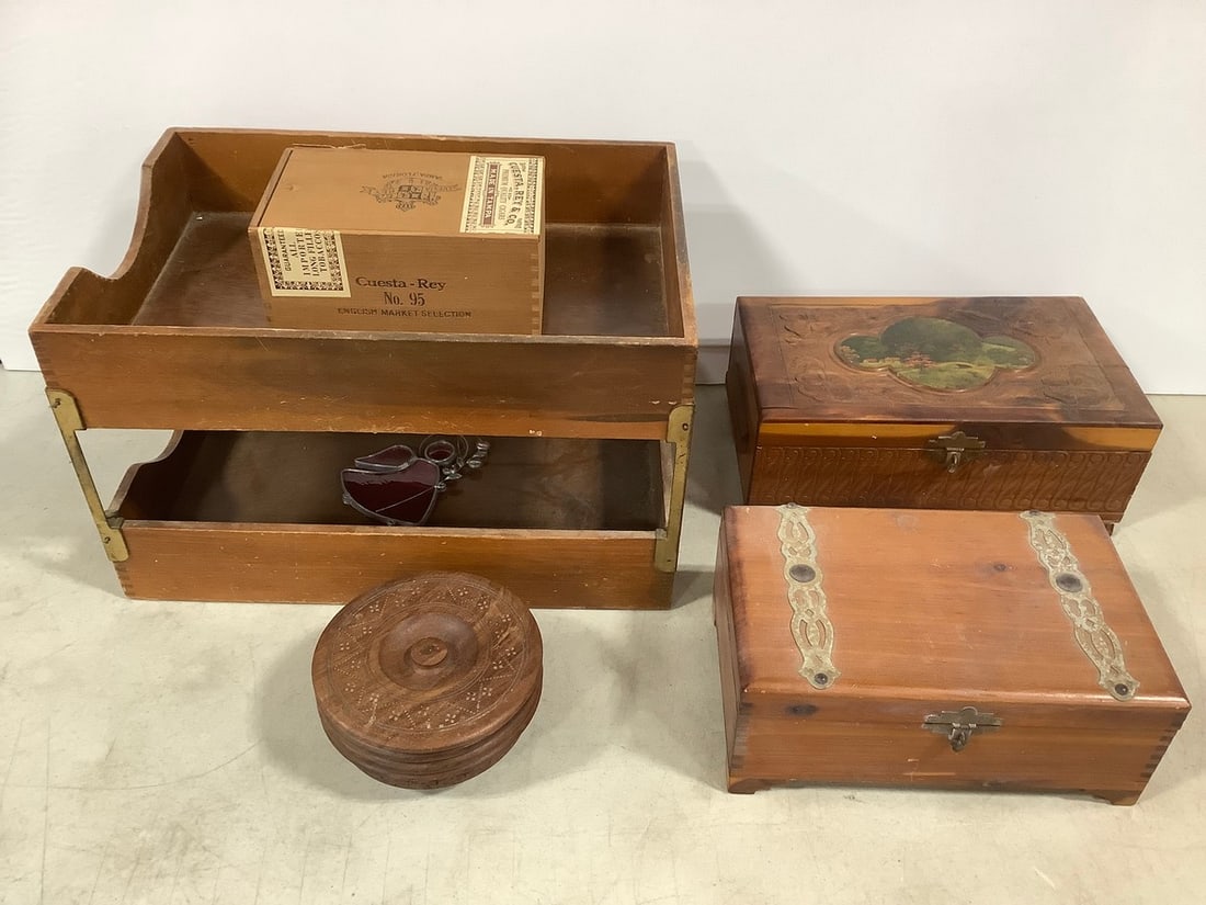 Vintage cigar box, wooden ashtray set, 2 tier wooden organizer(14.5in.x10in.x8.5in.), and more (1 of 1)