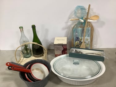 Cranberry glass "sac" vase, enameled pots, empty liquor bottles, Pyrex baking container with