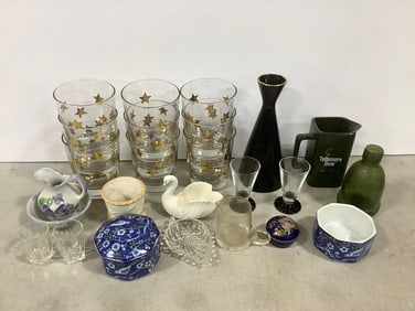 Tullamore Dew pitcher, drinking glasses, vaem ceramic container with lid, and more
