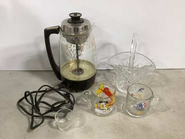 Atomic age coffe percolator, glass basket, Garfield cups, and more