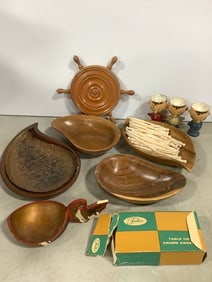 Atomic age wooden bowls, cups(3.5in.tall), vintage ships wheel, and more