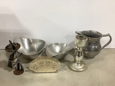 Vintage silver toned candleholder, metal mariachi band figurine, napkin holder, and more(tallest