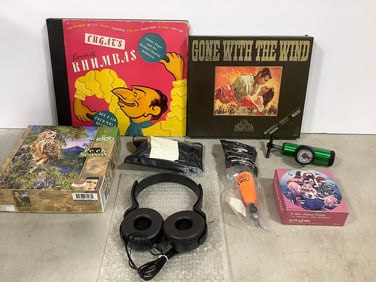 Gone with the Wind VHS set, jigsaw puzzles, Arctic Wolf tackle, and more