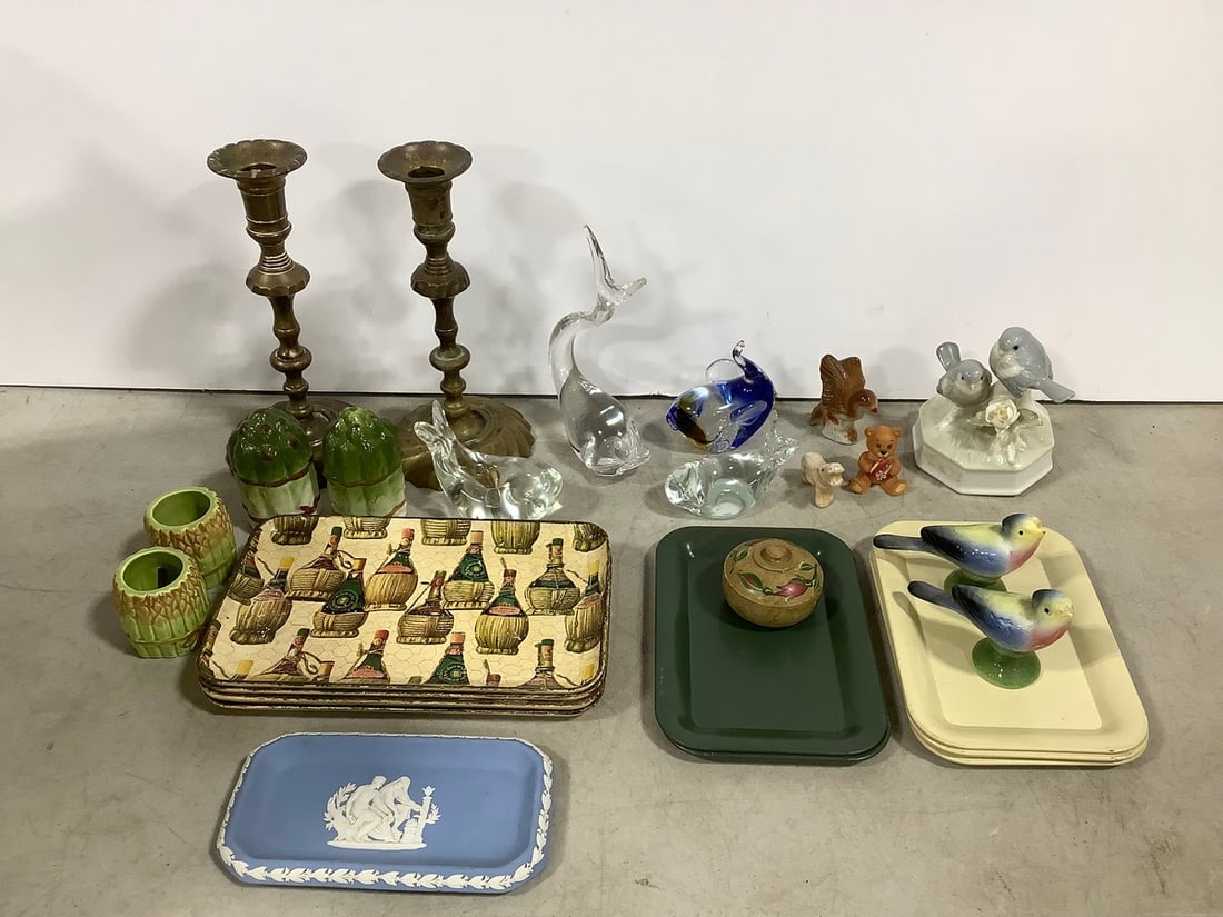 Rolling trays, ceramic tray(slightly chipped) glass figurines, pair of brass: Rolling trays, ceramic tray(slightly chipped) glass figurines, pair of brass candleholders(8.5in.tall), and more