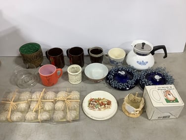 Corningware teapot with lid, candleholder, mugs, and more