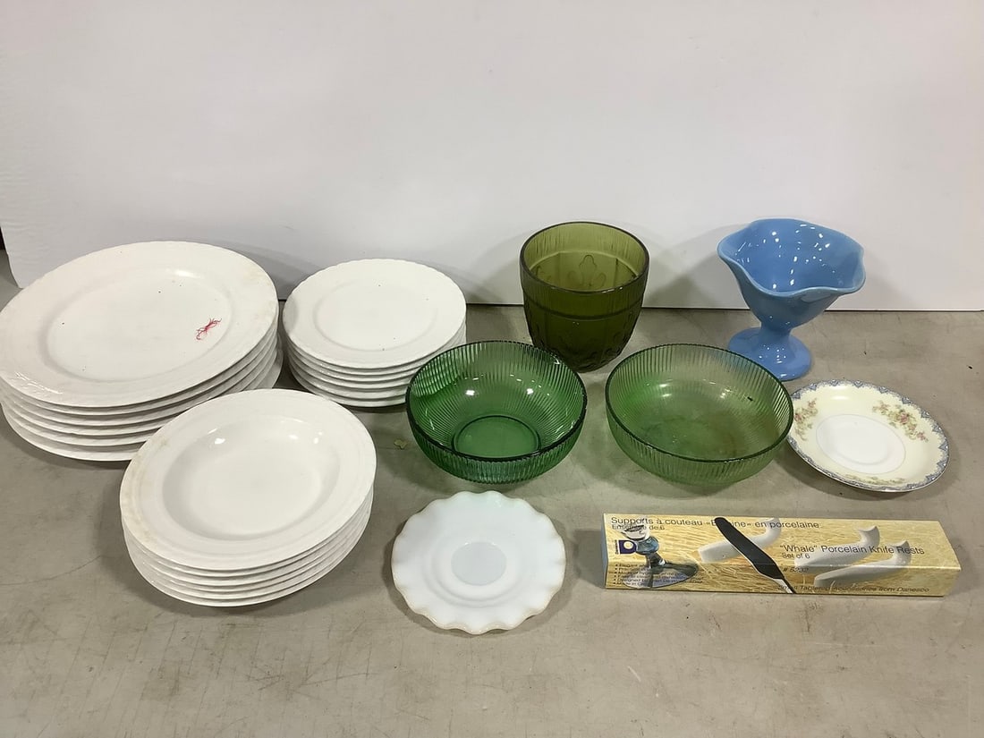 Farberware plates, green glass bowls, whale porcelain knife rests, and more(tallest 5.25in.): Farberware plates, green glass bowls, whale porcelain knife rests, and more(tallest 5.25in.)