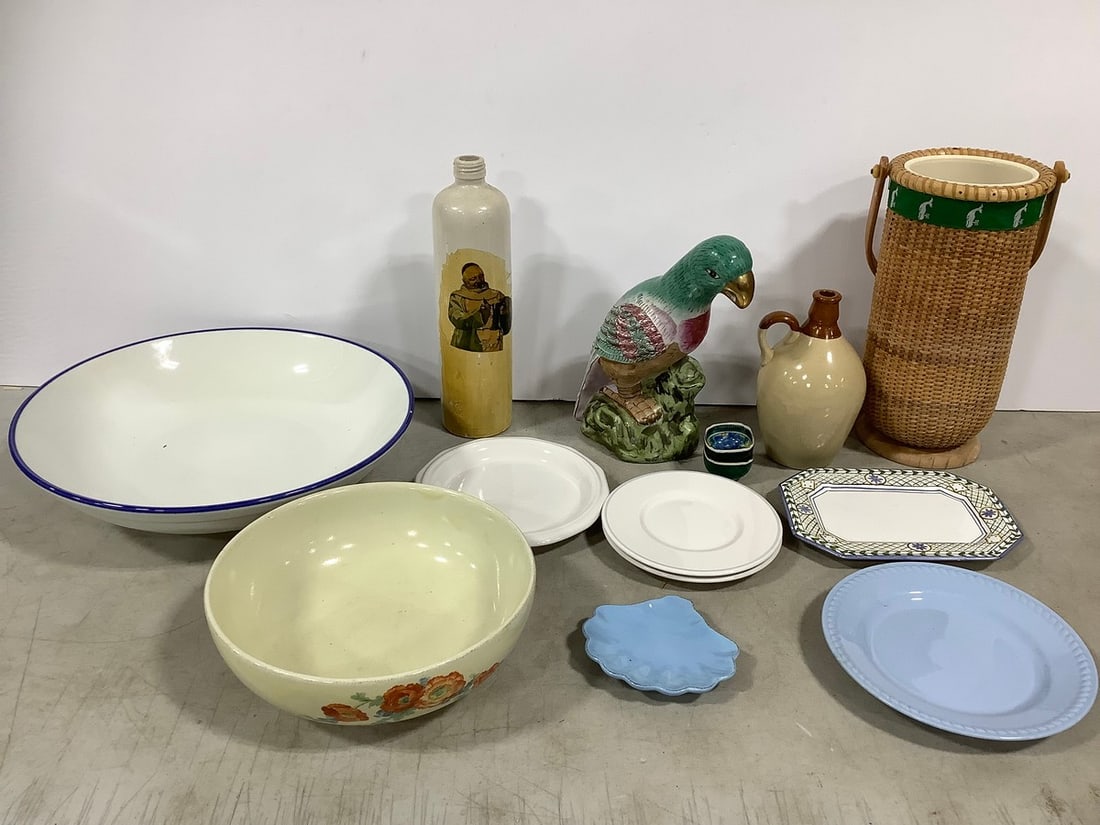 Hand painted plate rom portugal, woven basket, and more(11in.tallest): Hand painted plate rom portugal, woven basket, and more(11in.tallest)