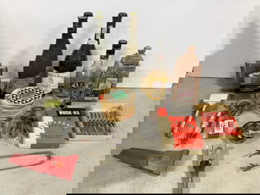 Metal flasks, vintage whisk-ies set of 8 drinks drink mixer set, wooden coasters, and more