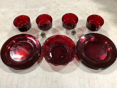 Red glass cups, plates, and more(3.5in.tallest)