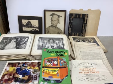 Vintage scrapbook full of photographs, vintage Huey, Dewey and Louie coloring book, and more
