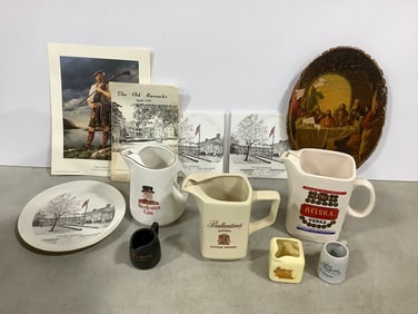 Various whiskey water pitchers(tallest 7in.), The Old Barracks tiles/plate, and more