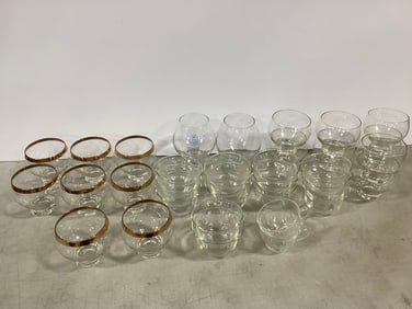 Various glass bowls/drinking glasses(Seton Hall University and more-tallest 6in.)
