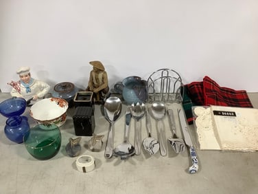 Vintage utensils, ceramic teapot with lid,mudman statue(7.5in.tall), and more