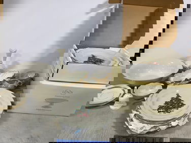 Lenoc cake plate/vase/plates/etc., Fine Stone Christmas plates, and more (tallest 8in.)