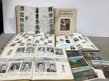 Vintage yearbooks(The Freshman 1950s-1970s various years), Art History Book, postcards, and more)