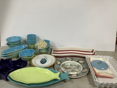 Oven baking trays, Boston Warehouse Trading Corp striped plate(16.5in.long),Trisa set(bowls, sundae