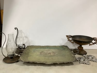 Silver Plate Tray, Candle Holders, Antique Chinese Japanese Metal Fruit Bowl (7.5in Tall), and more