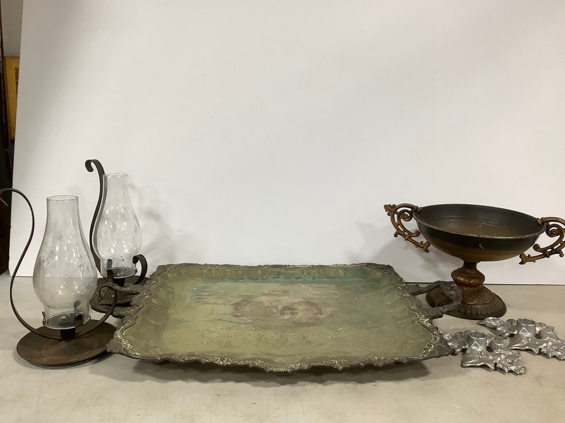 Silver Plate Tray, Candle Holders, Antique Chinese Japanese Metal Fruit Bowl (7.5in Tall), and more (1 of 1)