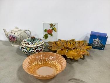 Chip/dip serving plate, ceramic hand painted organizer with lid(slightly chipped), and more