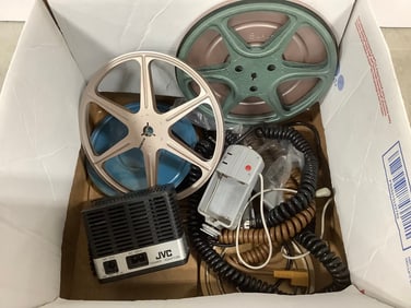 Vintage JUC AA-23EA Power Adapter, movie reels, and movie camera cables