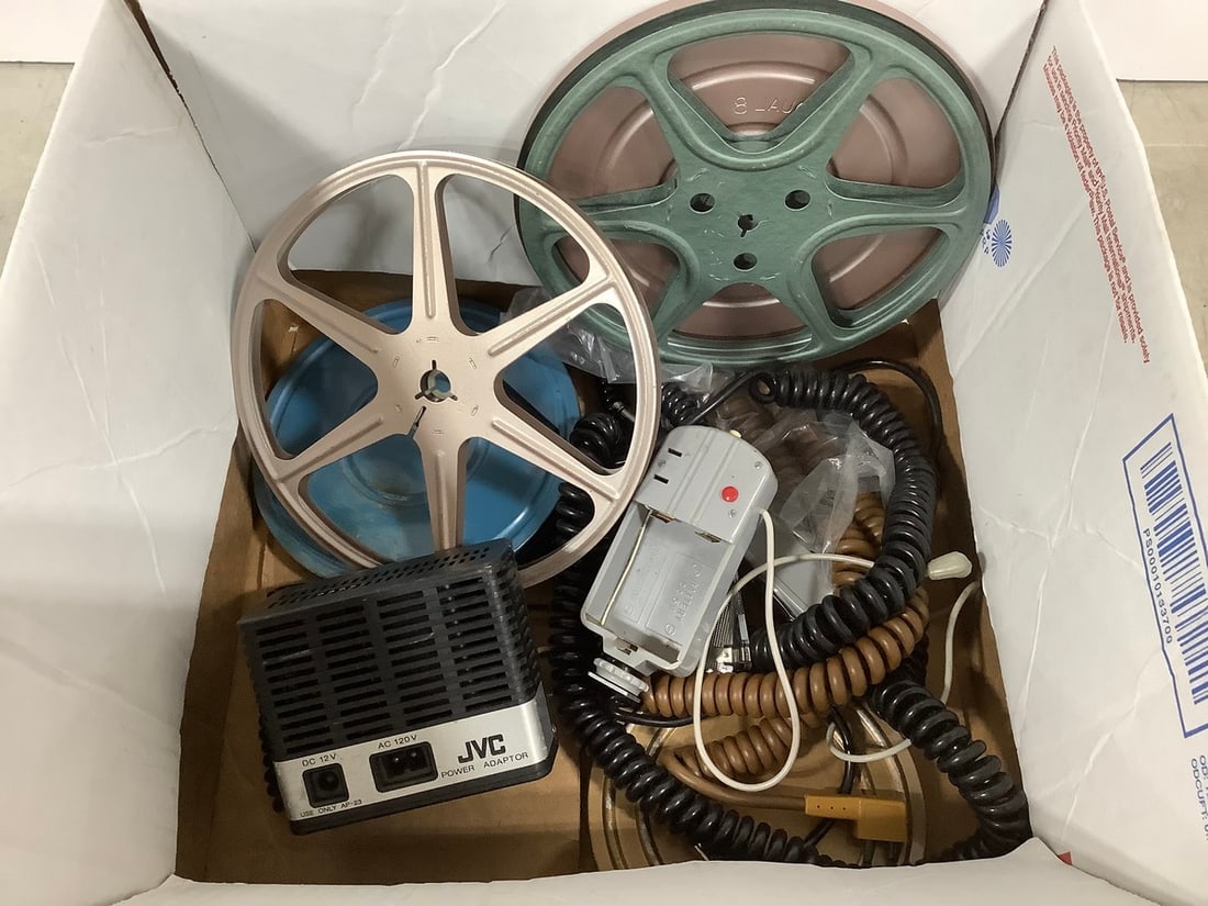 Vintage JUC AA-23EA Power Adapter, movie reels, and movie camera cables: Vintage JUC AA-23EA Power Adapter, movie reels, and movie camera cables
