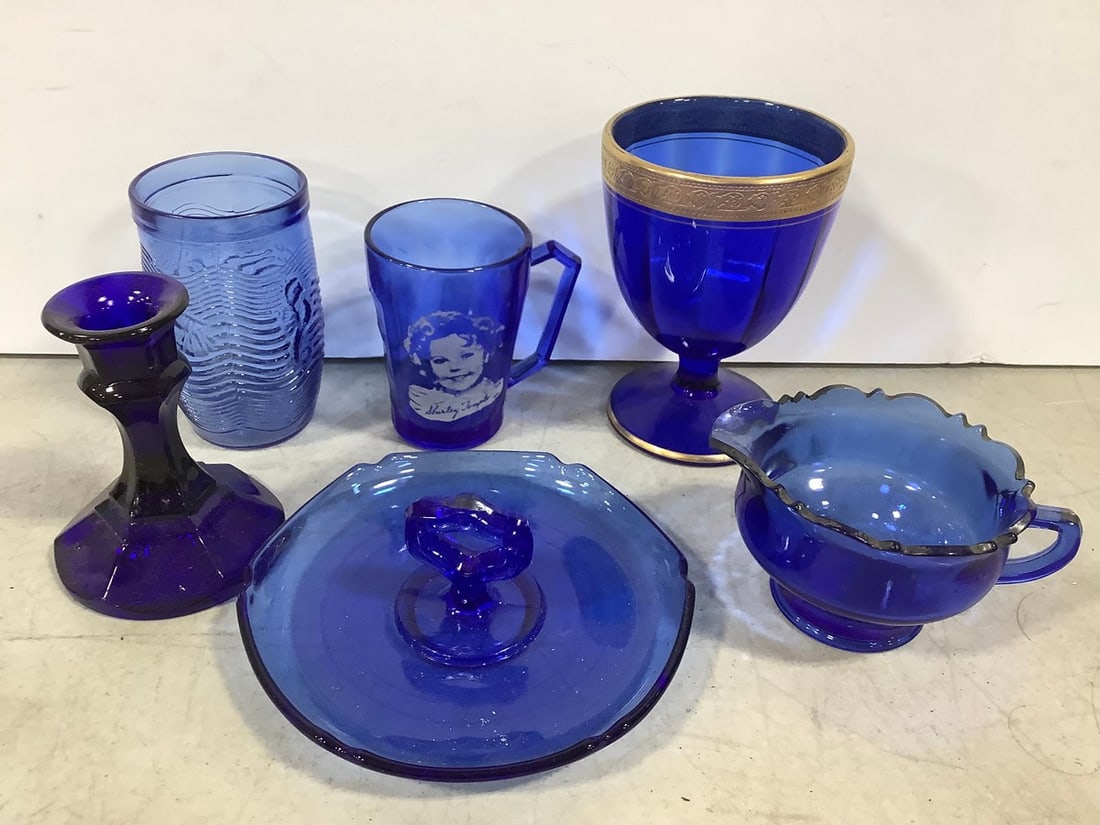 Blue Glass Cups, Pitcher, Candle Holder and more (Tallest - 5.25in): Blue Glass Cups, Pitcher, Candle Holder and more (Tallest - 5.25in)