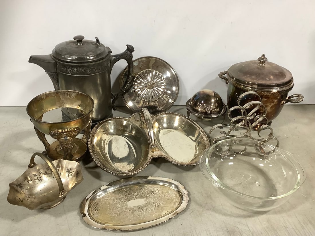 Pyrex Glass Bowl, Silver Serving Platter, Ash Tray, Bristol Silverplate Ice Bucket, Water Pitcher (1 of 1)