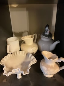 Milk glass pictures, tea pot and more