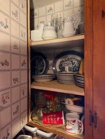 Contents of cabinet, vintage china sets and blue transfer china
