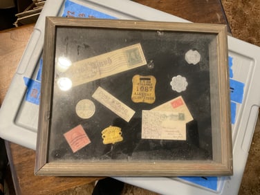 vintage lincese stamps and more in shadow box