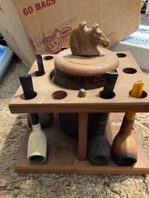 set of 6 vintage pipes, tabacoo jar and stand