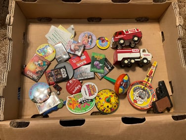 buddy l trucks, vintage tin toy nosie makers and more
