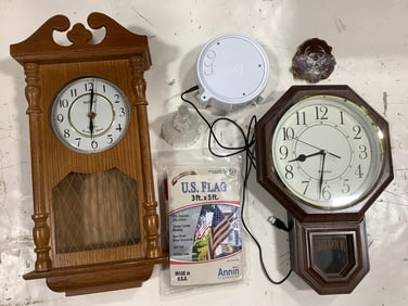 Westclox Clock and Skytimer Clock (Tallest - 21.5in), US Flag, Glass Bell, and more