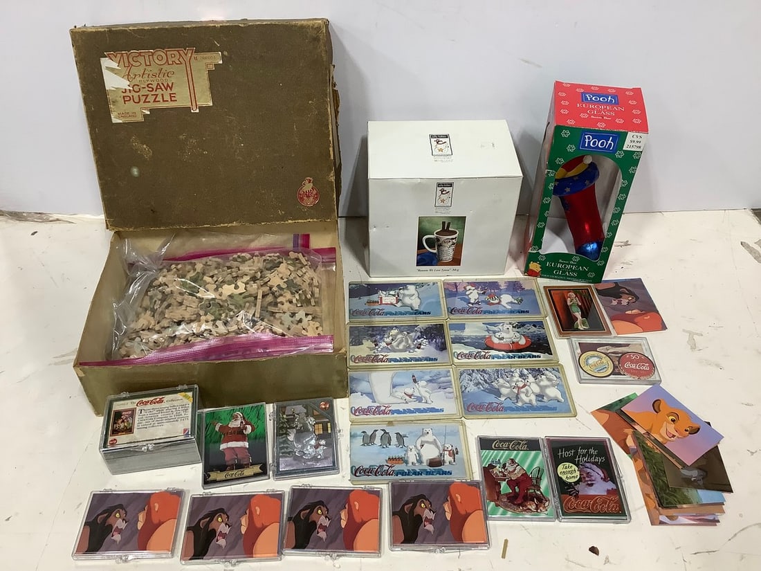 Various Collectible Cards (Coca-Cola, The Lion King, etc), Winnie the Pooh Ornament, Vintage Jigsaw (1 of 1)