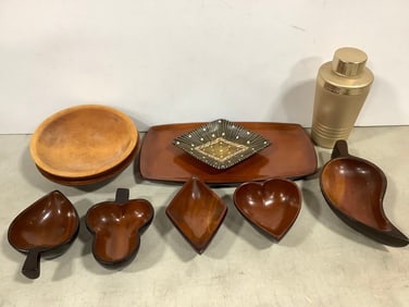 Wooden bowls, cocktail shaker(8.5in.tall), and more