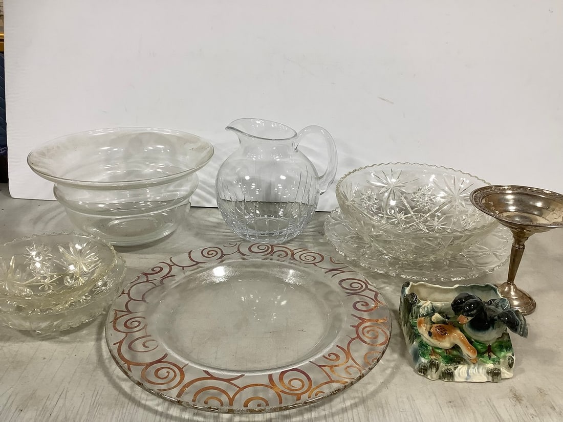 Glass bowls, serving plates, sterling with cement candy dish(6.25in.tall), glass pitcher, and more (1 of 1)