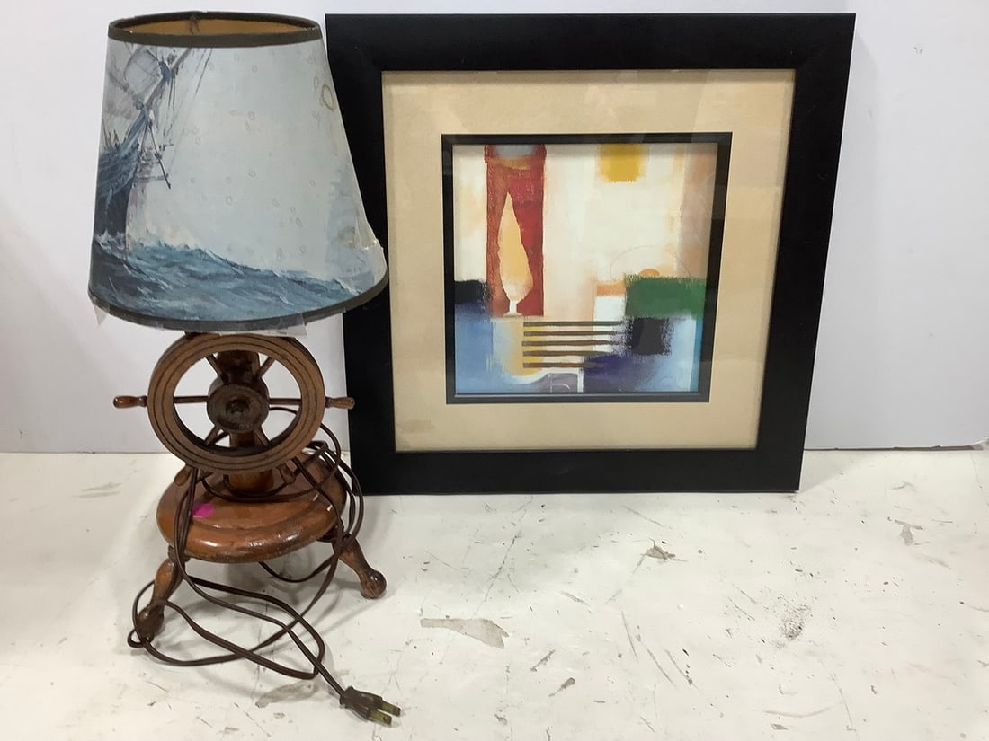 Framed and signed artwork(17in.x17in.) and wooden ship theme lamp: Framed and signed artwork(17in.x17in.) and wooden ship theme lamp