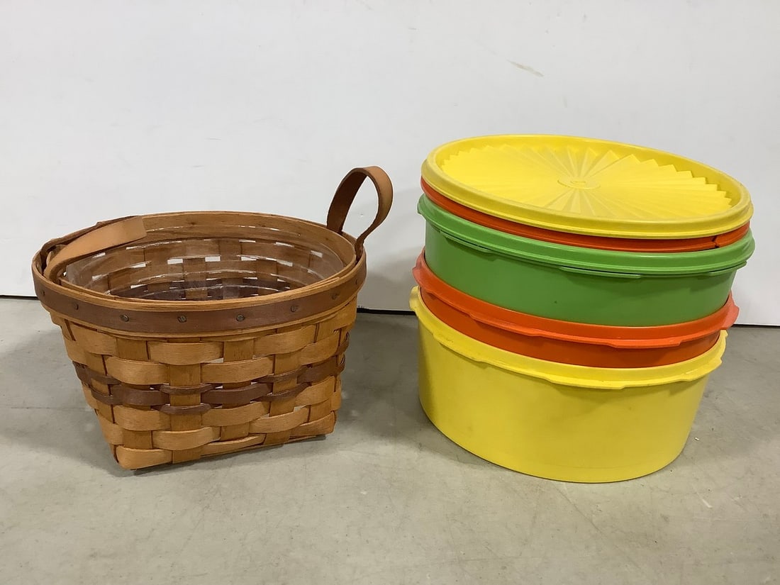 Vintage containers and Longaberger basket: Vintage containers and Longaberger basket