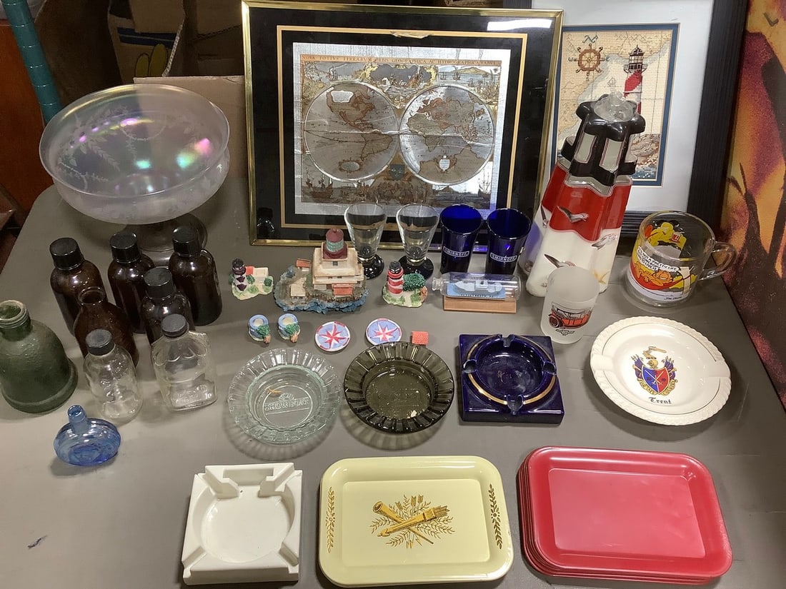 Sminroff shot glasses, ashtrays, framed artwork(largest 11in.x14in.), and more: Sminroff shot glasses, ashtrays, framed artwork(largest 11in.x14in.), and more