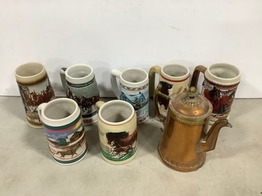 Decorative pitcher and Budweiser beer mugs(tallest 8.5in.)