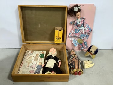 Wooden box (12inx10inx4in) with Japanese Joan Lenik Doll, vintage dolls, and more