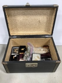 Vintage Lock box (8inx12inx7.5in) with brooches, necklaces, and more