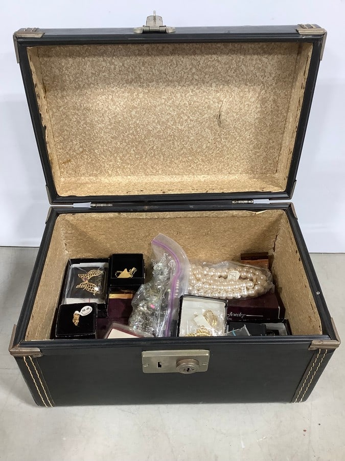 Vintage Lock box (8inx12inx7.5in) with brooches, necklaces, and more (1 of 1)