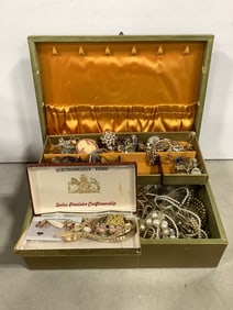 Jewelry Box (4inx12inx8in) with various costume jewelry (necklaces, brooches, and more)