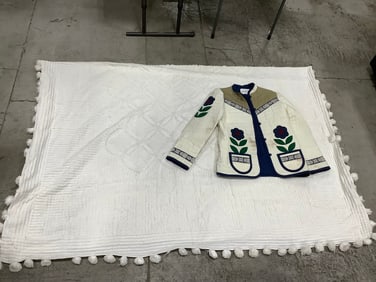 1940s Bed Quilt (96inx140in) and Ellen Miklas Sweater - Size 10